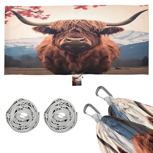 Haskirky Highland Cows Camping Hammock, Single Portable Hammocks with Tree Straps & Attached Carry Bag, 330Lbs Capacity Perfect for Outside Indoor Hiking Beach Backpack Travel