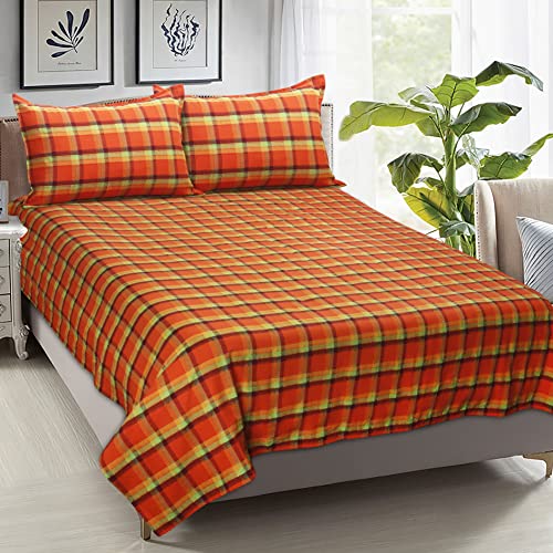 Image of AIRWILL, 200GSM Handloom Cotton Double Bedsheet with 2 Pillow Covers (Iran Dobby Orange)