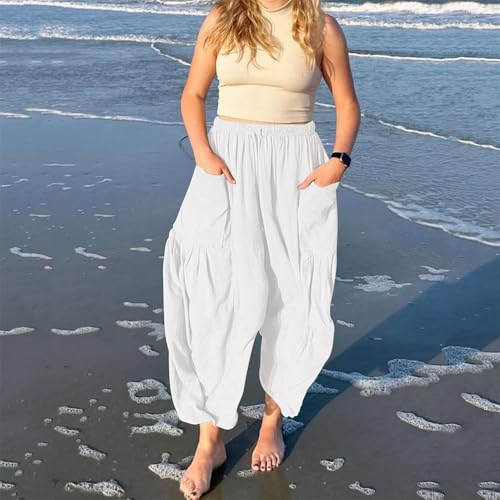Lapidata Linen Pants, Women High Waisted Cotton Linen Palazzo Pants, Casual Loose Lightweigt Drawstring Pantss with Pockets4