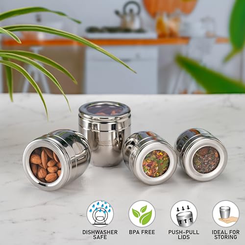 Image of Sumeet Stainless Steel Conical Shape Canisters /Dabba /Storage Containers for Kitchen with See Through Lid, Set of 4 Pcs, (250ml-7cm Dia-2Pc & 400ml-8.5cm Dia-2Pc), Silver