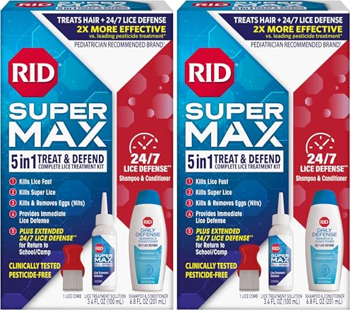 RID Super Max Lice Treatment Kit, Kills Lice& Super Lice & Eggs + 24/7 Lice-Defense, Pesticide Free, 3.4 FL OZ Solution + 6.8 FL OZ Daily Defense Shampoo & Conditioner + Nit Removal Comb,(Pack of 2)
