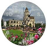 Dimensions : 25 x 25 cm Funlucy Horloge murale ronde moderne – Jardin-église-france-normandie-ruines-fleurs-6ye6 Horloge murale silencieuse sans tic-tac pour cuisine, bureau, horloge rétro suspendue, 25,4 cm