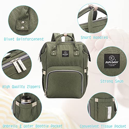 Pipi bear Nappy Changing Bag, Multi-functional Waterproof Travel Diaper Bag Backpack with Changing Pad (Olive Green) - Image 6