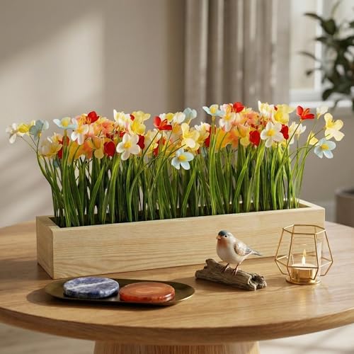 Image of Dekorly Artificial Grass Lily Arrangement with Wooden Planter (24 CM) | Premium Realistic Floral Decor for Table & Living Room | Stylish Indoor Decor for Living Room