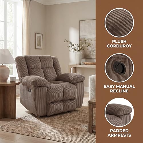 Image of Oversized Corduroy Recliner Chair, Manual Lazy Boy Recliner with Home Theater Seating, Breathable Living Room Reclining Chair for Adults Reading, Gaming, Relax, Brown
