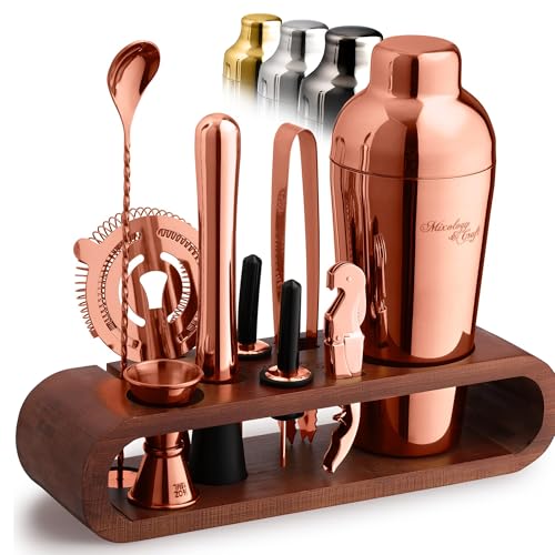 Mixology & Craft Bartender Kit: 10-Piece Cocktail Shaker Set with Dark Bamboo Stand | Complete at Home Bar Set with Bar Accessories | Great Housewarming Gift | Leak-Proof Design (Copper)