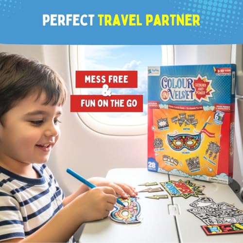 Image of PepPlay Superhero Combo for Boys, Colour-in Velvet Heroes and Power + My Superhero Cape Kit, DIY Mess-Free Art and Craft Activity, Summer, Reusable Travel Toy, Birthday Return Gift for Age 3 to 10
