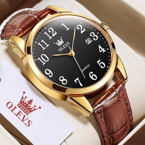 Image of OLEVS Watch Men Mens Watches Watches for Men Leather Band Classic Brown Leather Watch Men, Analog Watch Men, Black Mens Leather Watch, Dress Waterproof Large Face Mens Watch,Relojes para Hombres Watch