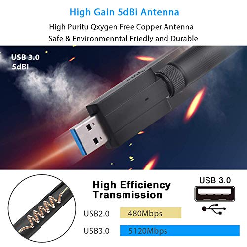 Maxesla - Adattatore USB WiFi Dongle 1200M WiFi ad Alta velocità 802.11ac 5dBi Dual Band 2.4/5GHz Adattatore di Rete Wireless per PC/Desktop/Tablet/Laptop, Compatibile con Windows, Mac OS X