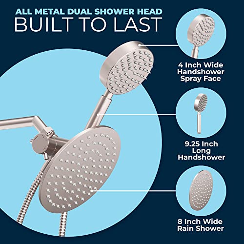 All Metal Dual Shower Head Combo – Brushed Nickel - 8 Inch Rainfall High Flow Shower Head & Handheld Shower Head High Pressure With Hose 6Ft - Luxurious Double Shower Heads With Rain Shower Sprayer #TOP5