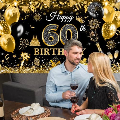 Image of Avezano Happy 60th Birthday Banner for Men Black and Gold Glitter Balloon 60 Birthday Party Backdrop 60 Year Old Bday Photo Backdrop Party Supplies 70.8 x 43.3 Inch