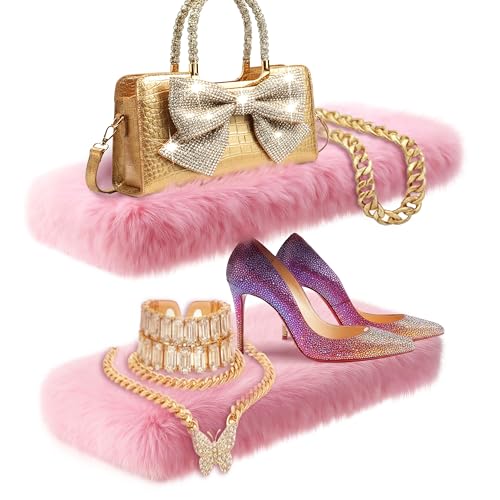 2 Pack Pink Floating Shelves for Wall, Wood Shelf with Fluffy Soft Pink Shag Cover,Wall Mounted Shelves for Bedroom, Living Room, Suitable for Storing Valuable Collectibles,Purses,Handbags,High Heels