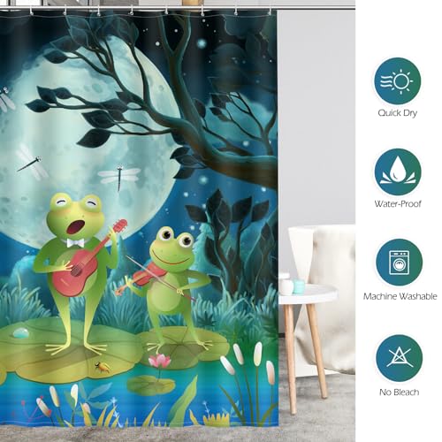 Image of Aimego Funny Frog Shower Curtain - Cute Cartoon Frogs Dragonfly Lotus Leaf Floral Pond Wildflower Moon Fun Bath Shower Curtain Set with 12 Hooks for Kids Adults Bathroom Decor Accessories,72 inchx72 inch