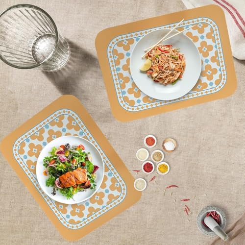 Image of Faux Leather Dining Table Placemats | Heat Insulation & Stain Resistant Waterproof Non Slip Dinner Table Mats | Perfect for Home, Kitchen, Restaurant, Office (Pastel Orange, Set of 6)