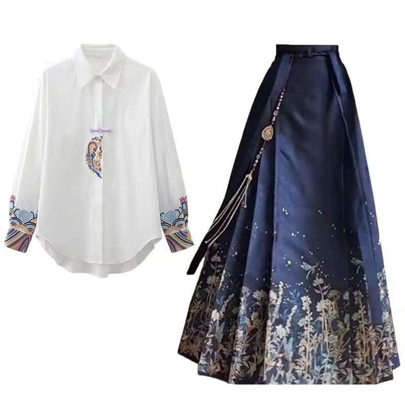 Faldas chinas Hanfu con estampado étnico y falda larga plisada con lazo para mujer