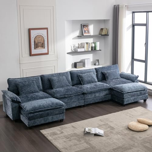 IPKIG 152\" Oversized Modular Sectional Sofa Cloud Couch, Chenille Large U-Shaped Couch Comfy Upholstered 4-Seat Sofa with 2 Ottoman, 4 Lumbar Pillow, Deep Seat Couch for Living Room (Blue)