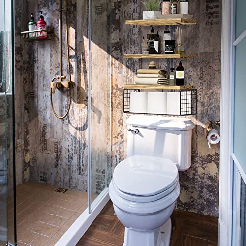 Szkiuqe Bathroom Shelves, Floating Bathroom Shelves Wall Mounted With Storage Basket, Bathroom Shelves Over Toilet, Rustic Wood Floating Shelf For Wall Décor, Shelves For Bathroom– Light Brown #TOP3