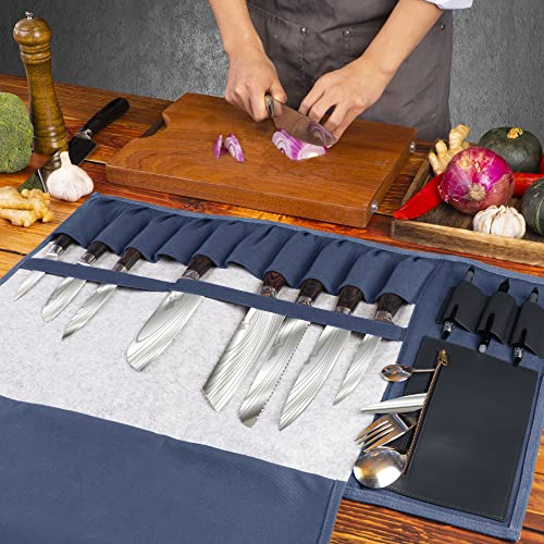 Deqis Knife Roll Chef Waxed Canvas Bag Storage 13 Slots And 1 Large Zipper Pocket Carry Shoulder Strap Handle And Name Card Professional Folding Cooking Tools Case Organizer,Knives Not Included,Blue #TOP2