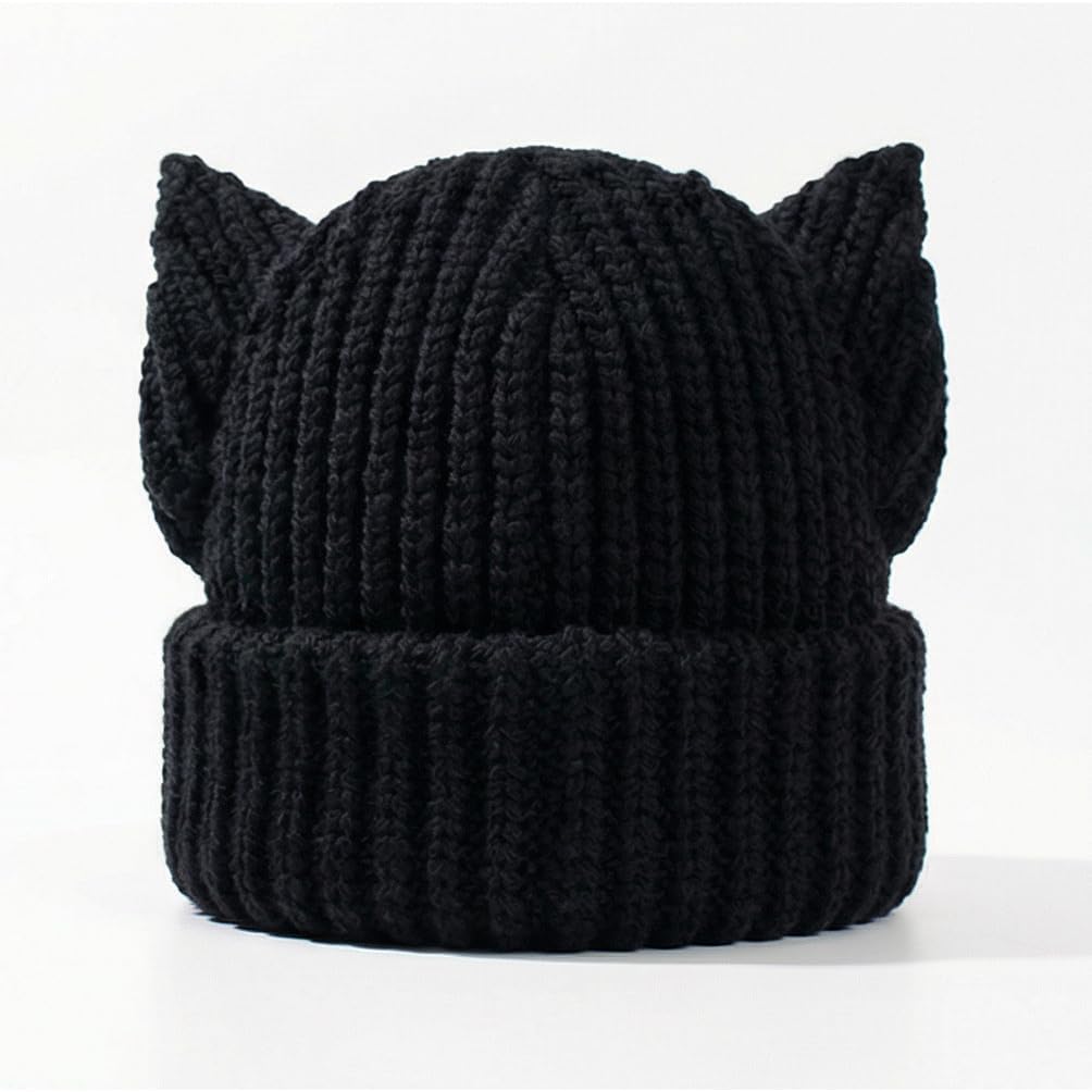 Cat Ear Beanie Y2K Cute Knit Hat with Ears Warm Crochet Hat Skull Cap for Women Men - Image 4