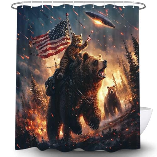 Image of Funny Bear Boys Shower Curtain, Cool Cat Riding Bear on Rustic Cabin Forest Woodland, Funky Anime UFO Spaceship Animal Shower Curtain Kids Men Boys Decor with Hooks, 70X75IN