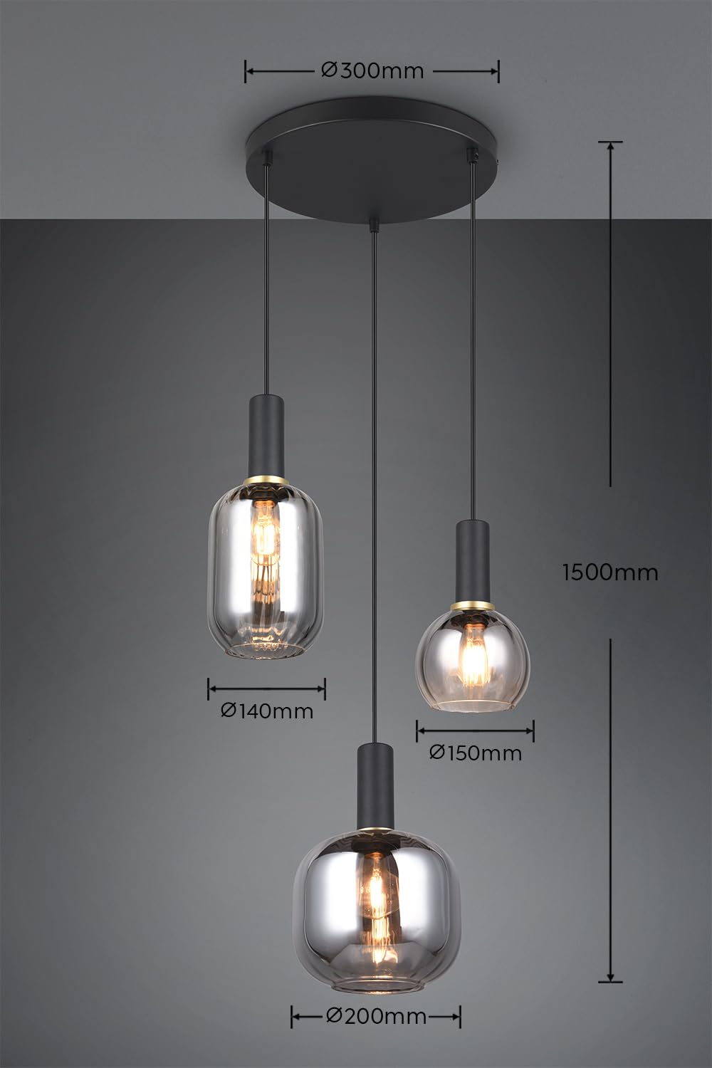 Trio Leuchten Pendelleuchte Diva 319830332, Metall Schwarz matt, Glas Chrom bedampft, exkl. 3x E27