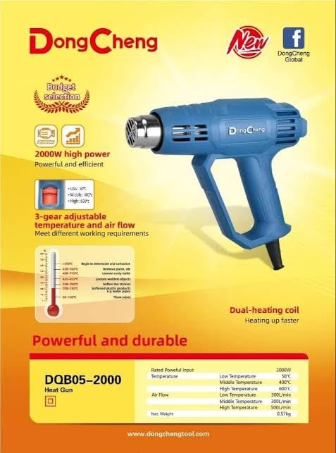 Image of DongCheng Heat Gun DQB05-2000, 2000W High Power, Dual Heating Coil, 3-Gear Temperature & Air Flow Adjustment