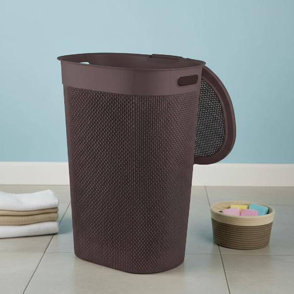 Image of KITCHIVO Plastic Large 55 Ltr Laundry Basket with Lid & Handle | Multipurpose Hamper Bins Storing Washable Clothes, Blankets | Household Ideal for Home & Bathroom (Woods Beige Laundry Basket)