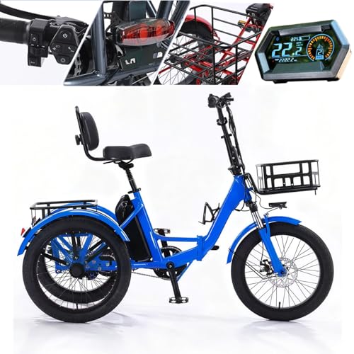 Bicicleta Eléctrica Plegable De 3 Ruedas Para Adultos: Neumáticos Anchos De 20 X 2,5', 3 Modos De Conducción, Cesta De Carga, Asiento Ajustable (Con Respaldo), Triciclo Eléctrico Para Adultos Blue