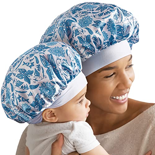 Image of Red by Kiss 2-in-1 Mommy & Me Satin Bonnet Sleep Cap for Adult and Babies, Soft, Stretchy, and Safe, Protects Fragile Hair from Frizz & Breakage, Friction Bald Spots (Paisley, 6-18M)