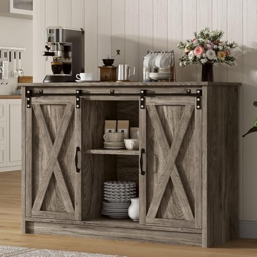 Comparison: Best Greige For Kitchen Cabinets 11 4 EVER WINNER Farmhouse Coffee Bar Cabinet with Sliding Barn Door, 42” Coffee Bar Table with Adjustable Shelves, Buffet Cabinet with Storage for Kitchen Living Dining Room, Wash Grey