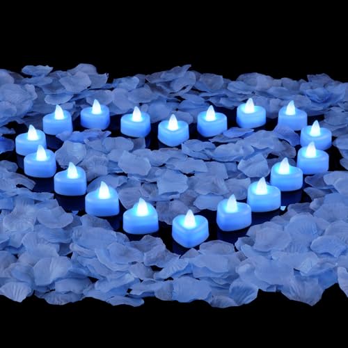 Image of Amagic 2000 Pieces Light Blue Artificial Rose Petals with 24 Light Blue LED Tea Lights, Rose Petals and Candles Set for Proposal, Anniversary, Romantic Night, Wedding Decor