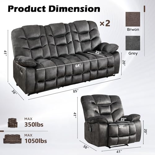 Image of HAOMARKETS 3 Pieces Recliner Sofa Furniture Set, Include a Power Recliner Chair with Message&Heat and 2 3-Seater Reclining Couches for Living Room, Grey