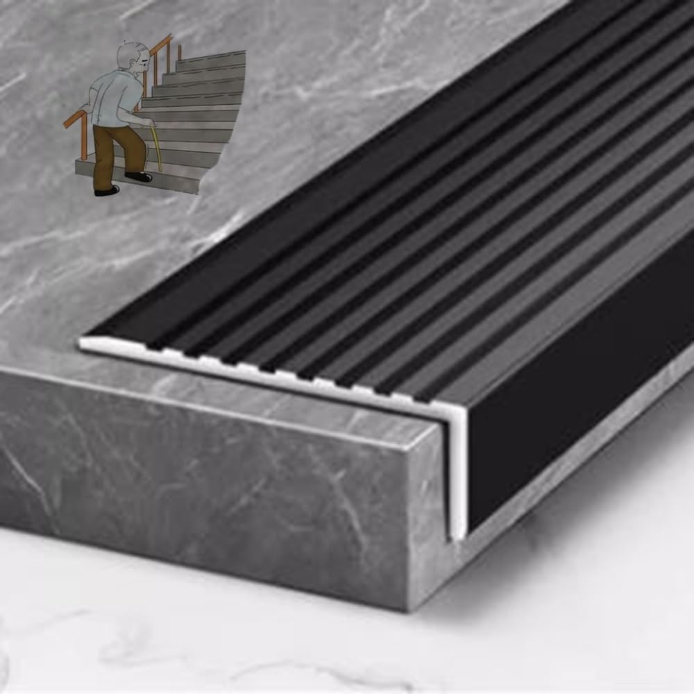 Perfil De Borde De Escalera Forma De L，Aluminio Tira De Borde De Escalera，90×7.5×2.5cm Antideslizante Nariz De Escalera, Perfil De Protección para Borde De Escalón(Black)