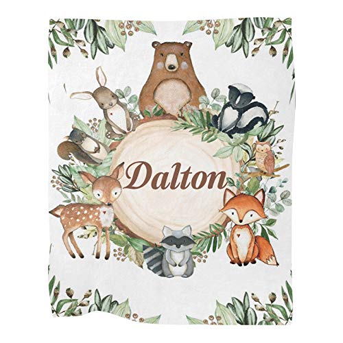 CUXWEOT Personalized Kids Fleece Blanket with Name Custom Woodland Baby Animals Baby Throw Blanket for Bed Birthday Gift Baby Shower (30 x 40 inches)