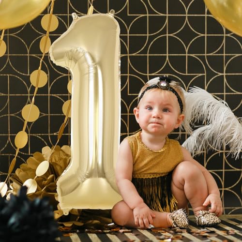 Image of Champagne Gold Large Number 1 Balloon, 40 Inch Light Gold Foil Helium Number Balloons, Giant Mylar Number 1 Balloons for 1st Years Old Birthday Party Anniversary Decorations