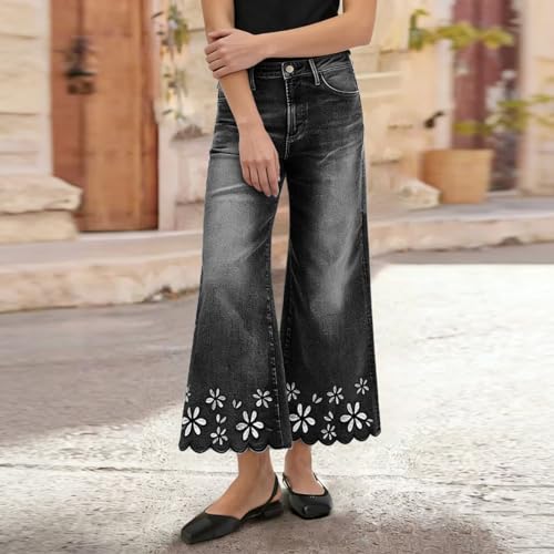 Pantalones vaqueros de mujer transpirables con diseño capri de pierna ancha 3