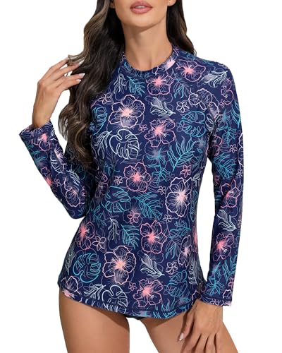 Halcurt Womens Long Sleeve Rash Guard Swim Top with Built in Bra UPF50+ Sun Protection Swim Shirts Quick Dry Swimsuit