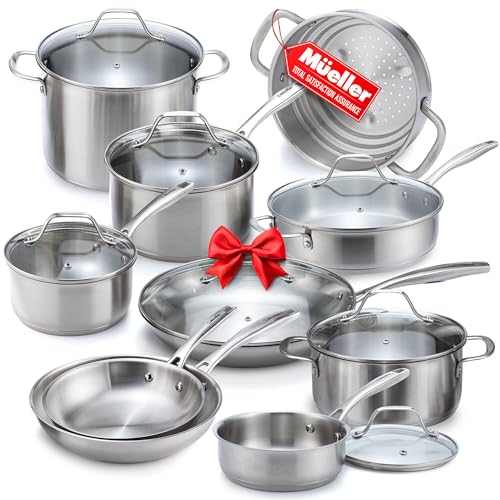 Mueller Pots and Pans Set 17-Piece, Ultra-Clad Pro Stainless Steel Cookware Set, Ergonomic EverCool Handle, Induction Cookware, Includes Saucepans, Skillets, Dutch Oven, Stockpot, Steamer For Cooking