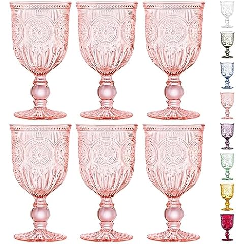 Yungala Pink Wine Glasses set of 6 pink goblets, dishwasher safe vintage pink glassware, pink drinking glasses for a baby shower, wedding, or fancy glassware for everyday. Cover