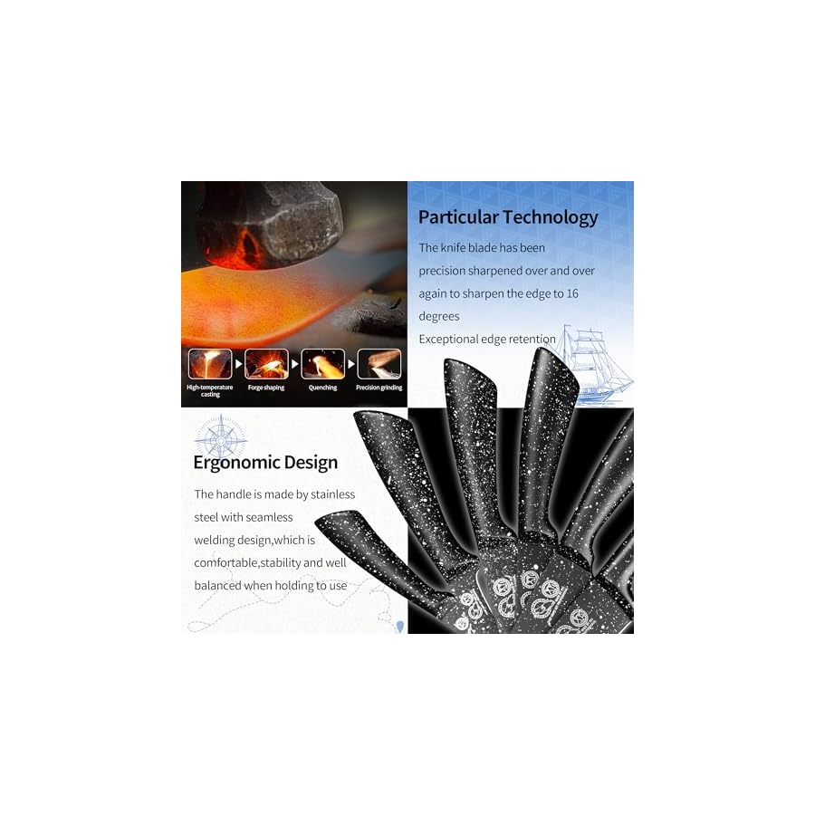 XYJ Authentic Since 1986,Knife Block Set,Kitchen Knives Set with Holder,Professional Japanese Chef Knife Set,Carving Slicing Paring Bread Knife,Steak Knives,Black Color