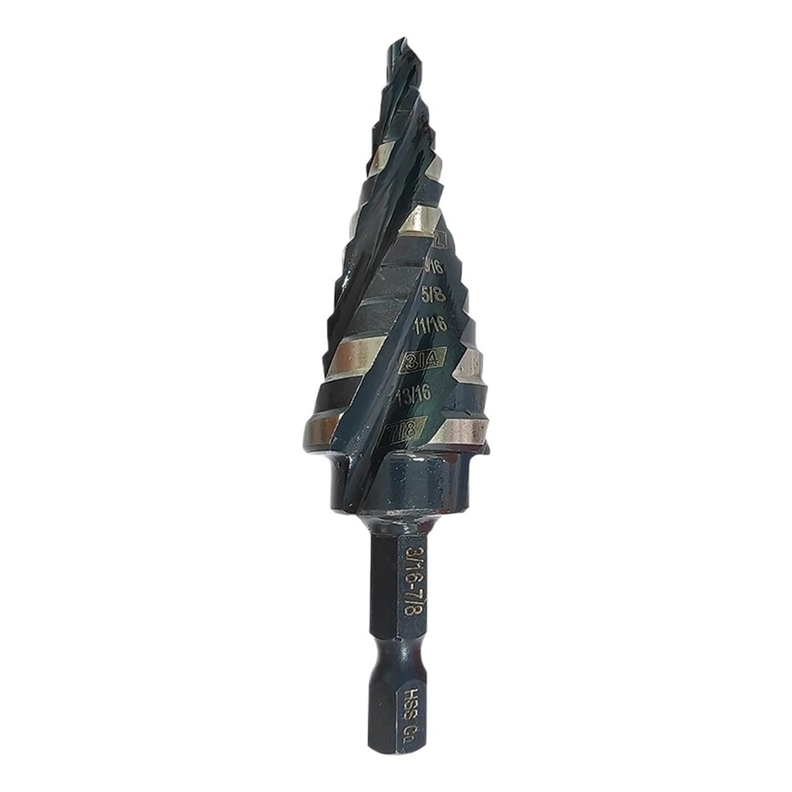 Broca escalonada de acero de alta velocidad M35 de 3/16 a 7/8 pulgadas con mango hexagonal, color blanco y negro, herramienta de perforación Pagoda for abrir agujeros de metal.