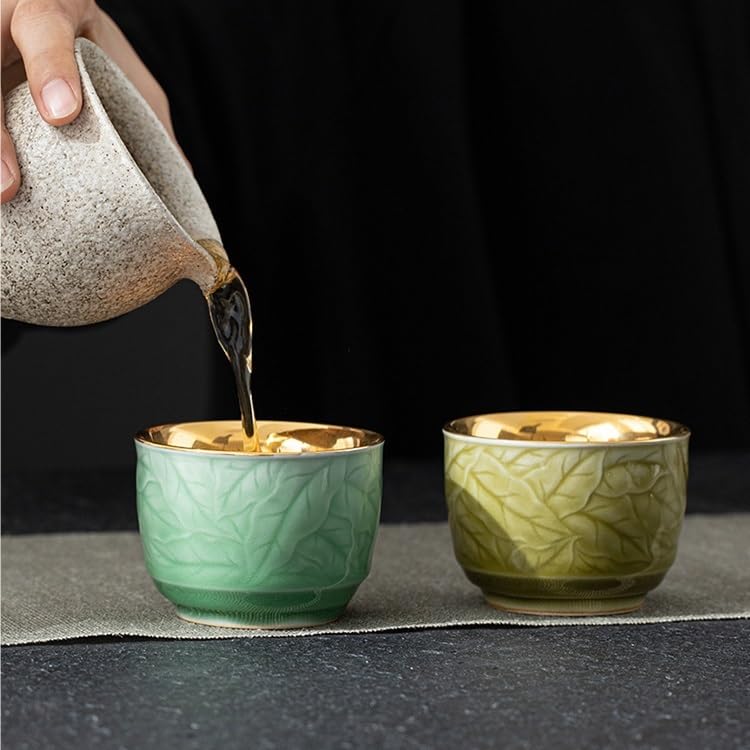 Taza de té de cerámica hecha a mano con tazón dorado individual tipo celadón 7