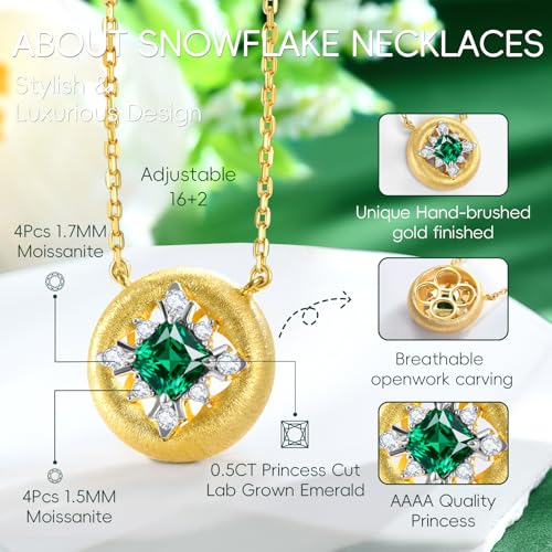 LEONIDS 14K Gold Moissanite or Lab-Grown Emerald Necklaces for Women | 925 Sterling Silver Snowflake Pendant Necklace with Hairline Detailing Non Tarnish | Birthday Jewelry Gifts for Her4