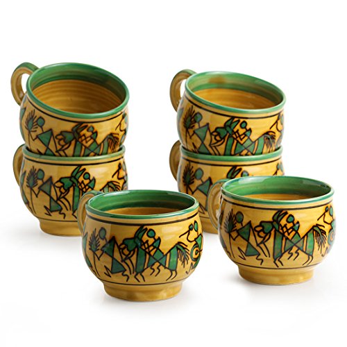 Image of ExclusiveLane Warli Handpainted Ceramic Coffee Mugs Cups Set for Tea of 6 Serving Chai Tea Cups (Set of 6, 220 ML, Sand Yellow, Microwave Safe)