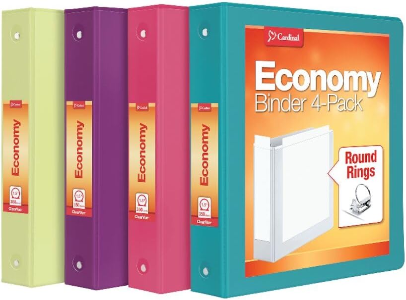 Cardinal 3 Ring Binders, Binders for School and Office, Durable 1.5 Inch, Round Rings, Holds 350 Sheets, ClearVue Presentation View, Non-Stick, Assorted Bright Colors, 4 Pack (79553)