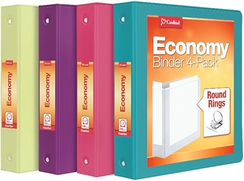 Cardinal 3 Ring Binders, Binders for School and Office, Durable 1.5 Inch, Round Rings, Holds 350 Sheets, ClearVue Presentation View, Non-Stick, Assorted Bright Colors, 4 Pack 79553