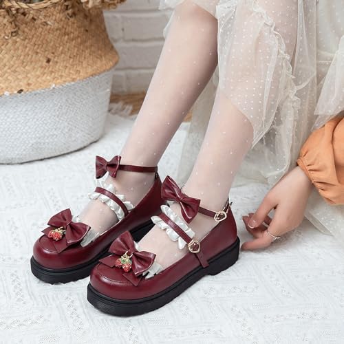 Women's Bow Ankle Strap Platform Lolita Shoes, School Cute Mary Jane Shoes, Dress Closed Toe Flat Mary Jane Kawaii Shoes2