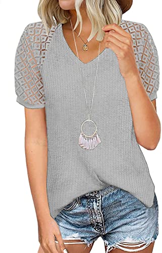 MEDUOLA Mujer Camiseta de Color Sólido con Encaje T-Shirt con Cuello en V Top Suelto Casual para Verano XXL,Gris Cover