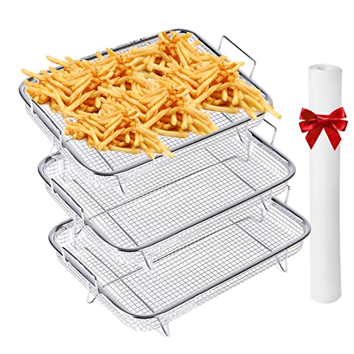3Pcs Air Fryer Basket For Oven 11.8”*8.6”*2.16" Stainless Steel Grill Basket, Non-stick Mesh Basket Set, Air Fryer Tray Wire Rack Roasting Basket for French Fry/Frozen/Baking Food