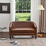KINWELL 50' Faux Leather Small Barrel Love Seat Settee, Diamond Tufted Back Compact Loveseat Sofa with Nailhead Trim, Modern 2-Seater Couch with Solid Wood Legs for Small Spaces, Apartments, Brown